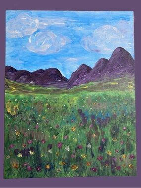 Purple and Green Meadow Mountain Landscape Wall Art Hand Painted Original Art